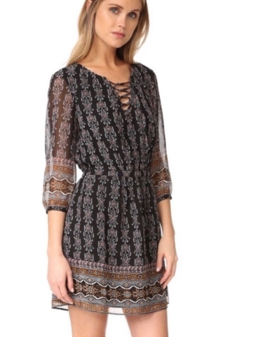 NWT Madewell Women’s 0 Lace Up Boho Floral Print Dress Long Sleeve Mini Length